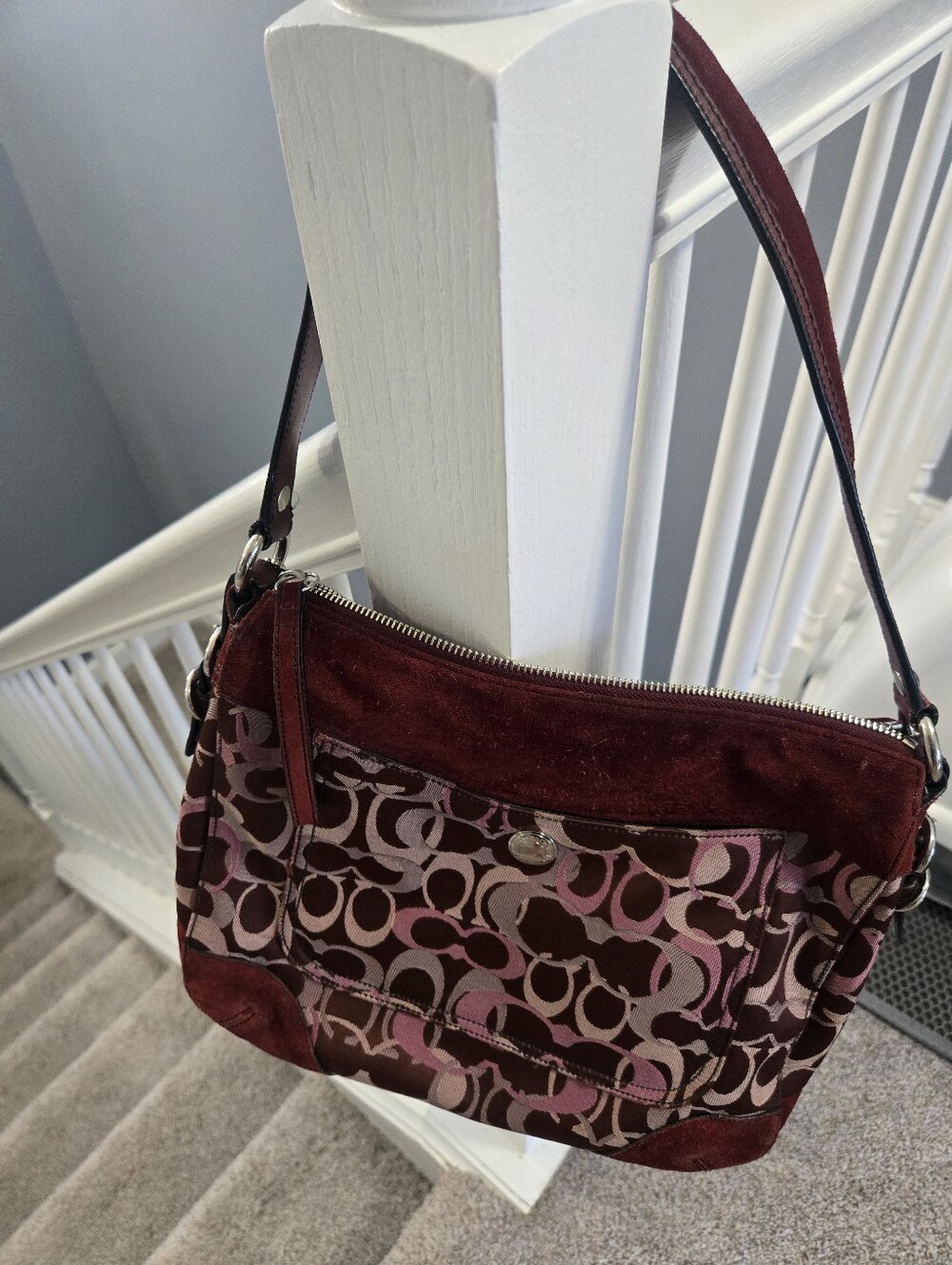 Coach Vintage Chelsea Suede Signature Optic C Shoulder Bag With Dust Bag